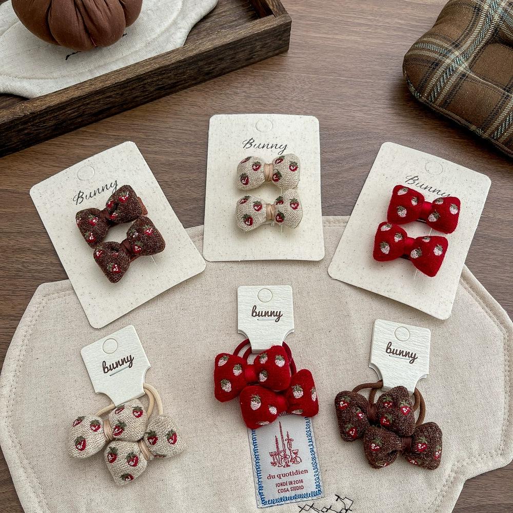 Strawberry Embroidery Bow Hairpin Hairclips Cute Hair Rope Tie Scrunchies Rubber Band Elastic Hair Band Girls Hair Accessories