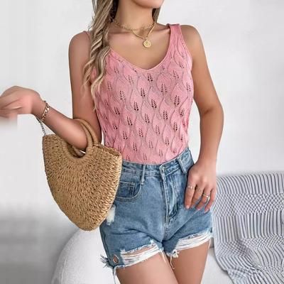 Summer Solid Color V-neck Hollow Leaf Sleeveless Sweater Vacation Vest