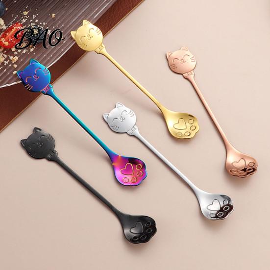 Cat Shaped Handle Spoon Coffee Spoon, Stainless Steel Paw Claw Teaspoon, Embossed Design Multi-Color Electroplated Stirring for Ice Cream Yogurt