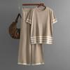 Contrasting striped split-ended short-sleeved knitted sweater + high-waisted and thin wide-leg pants and trousers fashionable and casual two-piece set