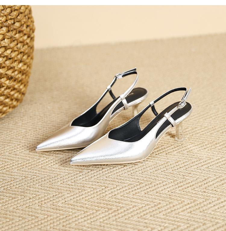 

699-107 Classic Versatile Silver Pointed Heels 2025 New Shoes Shallow Baotou Backempty Thin Heel Single Shoes Women 40 серебряный