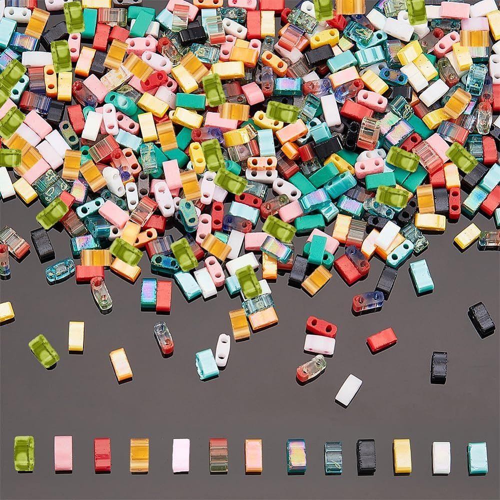 450Pcs 15 Colors 2-Hole Glass Seed Beads Transparent Colours Rectangle Mixed Color 4.5~5.5x2x1~2.5mm Hole: 0.5~0.8mm 30pcs/colors