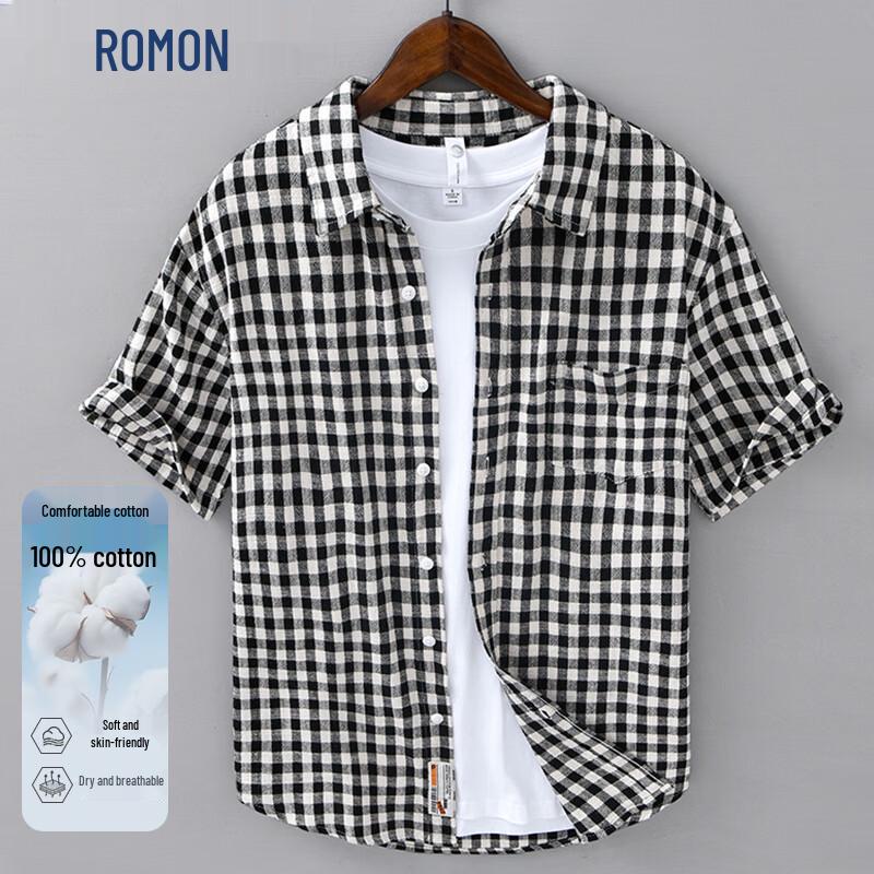 

ROMON Men s Casual 100% Cotton Plaid Short-Sleeve Shirt L