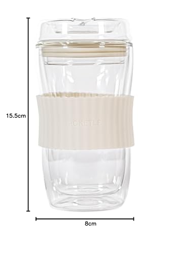 POKETLE Glass Tumbler with Lid, 330ml, Double-Walled, Heat-Resistant, Dishwasher-Safe, BPA-Free, Vidro 330, Ivory