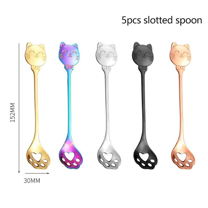 5Pcs Set 304 Stainless Steel Cat Spoon Creative Cartoon Hanging Edge Spoon Cute Coffee Spoon Gold-Plated Stirring Spoon
