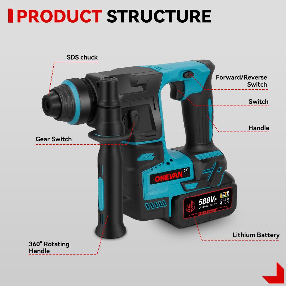 ONEVAN Bürstenloser Elektro-Schlagbohrhammer Tragbar 24MM Multifunktions-Akku-Bohrhammer-Werkzeug Für Makita 18V Akku Stift