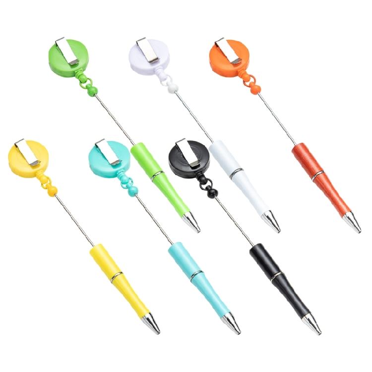 

6Pcs Beadable Ballpoint Pen with Badge Reel Clip for Adult Children Student Beaded Pen with Retractable Badge Holder 1
