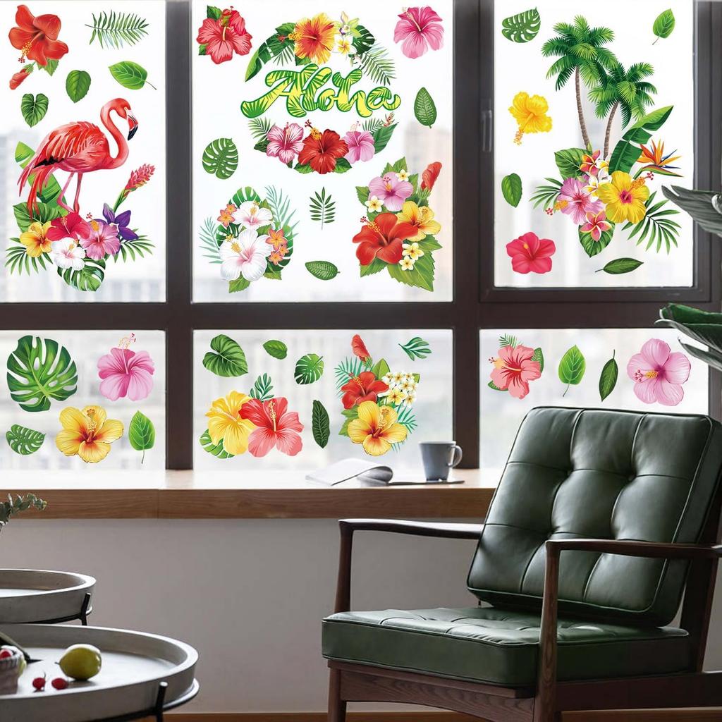 9 Sheets Summer Window Clings Stickers Double-Sided Window Decals Tropical Flamingo Green Plants Coconut Tree Designs Summer Hawaii Colorful Flower