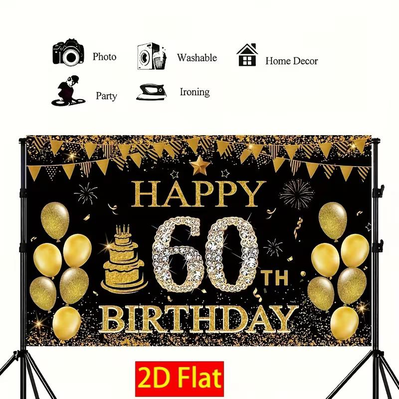 2D Black & Gold 60th Birthday Backdrop, Sparkle Diamond Themed Photography Background