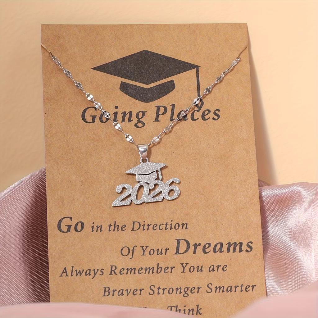 Stainless Steel Matte Golden Mortarboard Featuring Number Pendant Necklace for Women Graduation Memorial Jewelry Gifts