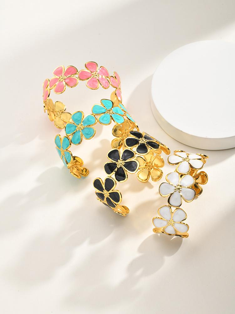 Vintage Colorful Enamel Flower Cuff Bracelet, 18K Gold Plated Stainless Steel Floral Bangle, Anti-Tarnish Party Jewelry