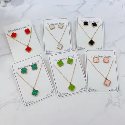 2PCS Titanium Steel Lucky Four Leaf Grass Earnail náhrdelník Set