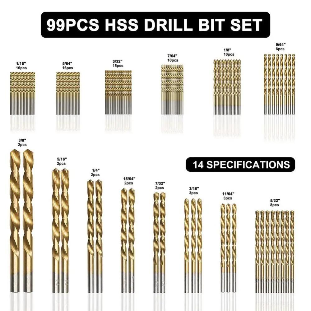99Pcs 1 4 1 16 Twist Drill Bit Set HSS Titanium Coated Anti Rust Wear Resistant High Speed Steel Drill Bits