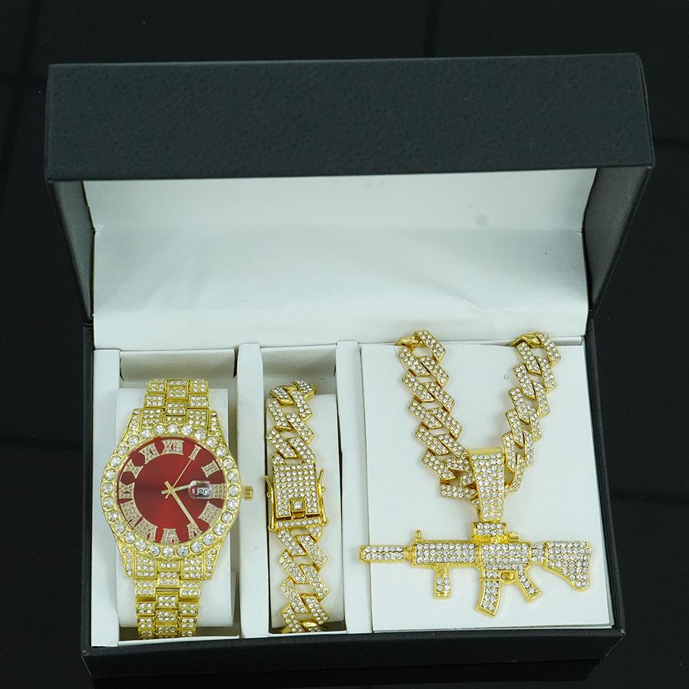 Hip Hop Persönlichkeit Pistolenanhänger Kubanische Kette Halskette Armband Uhr Set Modisches und Vielseitiges Herrenschmuck Geschenkbox Set