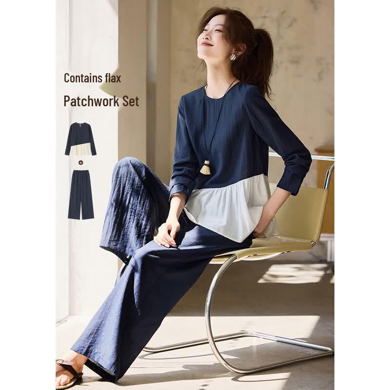 Mohan Yimei Hemp Blend Spliced Hem Top & Wide-Leg Pants Set M