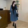 Elegant Autumn Korean V-Neck Slimming Dress with Waist-Cinch and Retro Patchwork Design