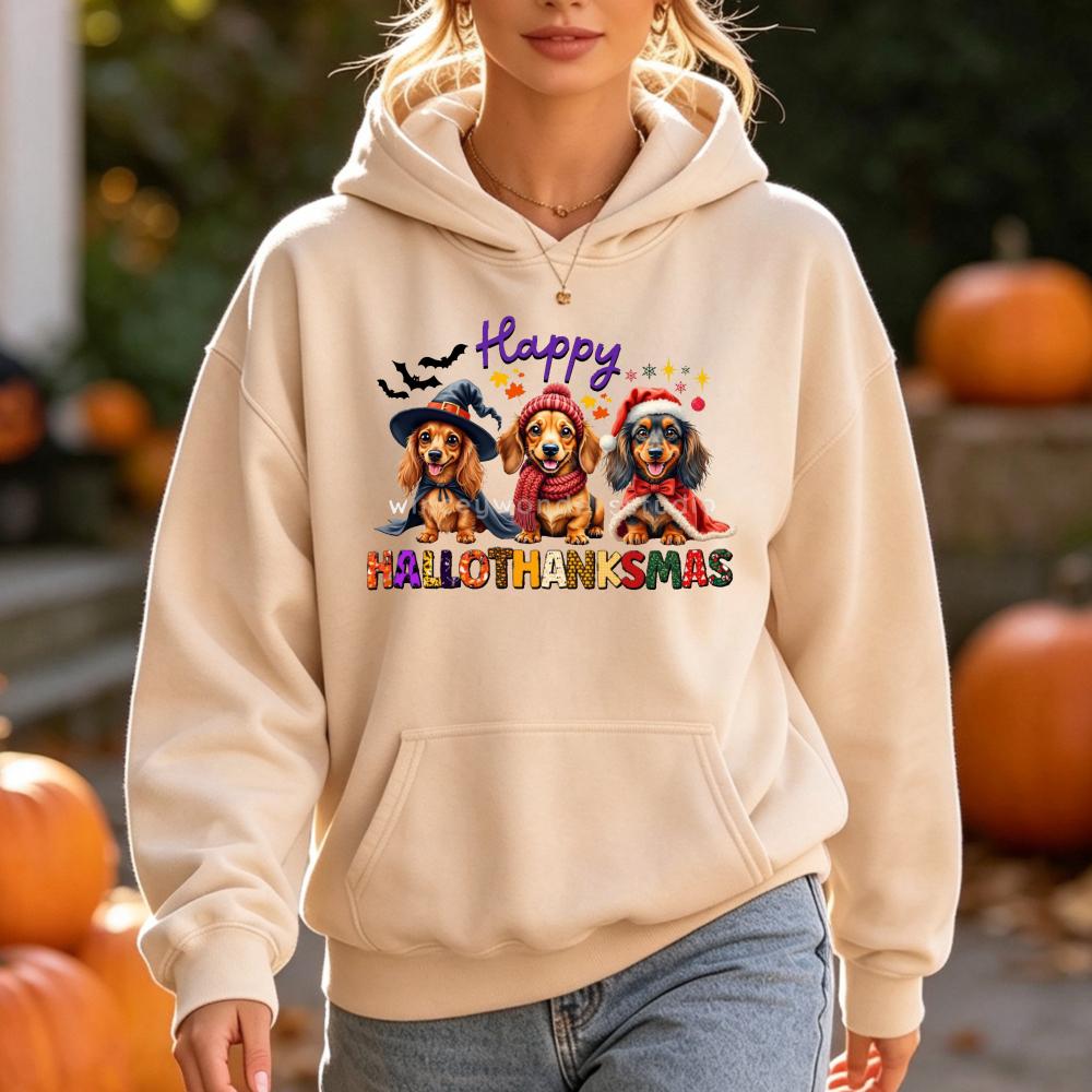 Happy Hallothanksmas Dachshund Dog Hoodies Women Autumn Winter Halloween Christmas Graphic Pocket Hooded Sweatshirt Unisex