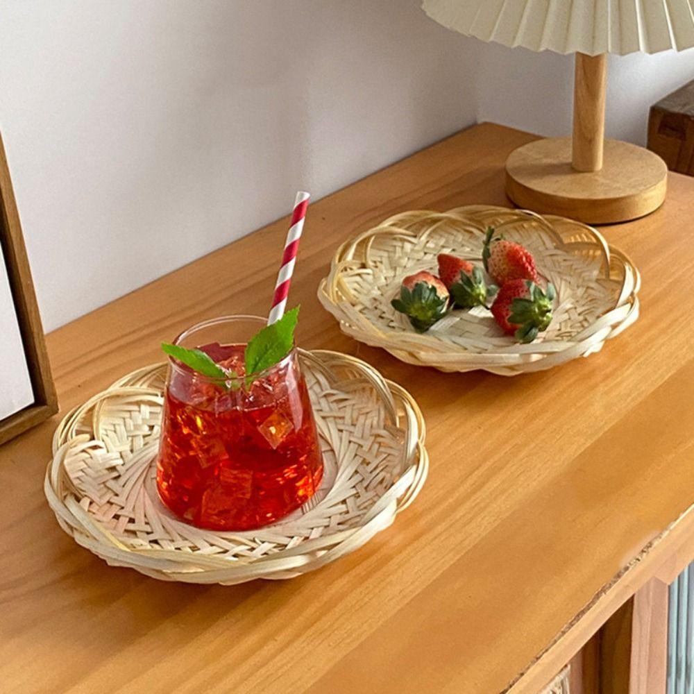 Round Wicker Bread Basket Home Organizer Bamboo Woven Basket Decorative Serving Tray  Living room