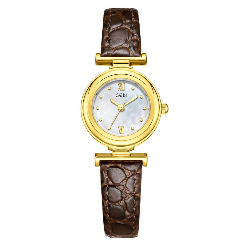 

Gadi Elegant Womens Quartz Watch With Leather Strap Waterproof For Casual Wear Gold Shell White Plate