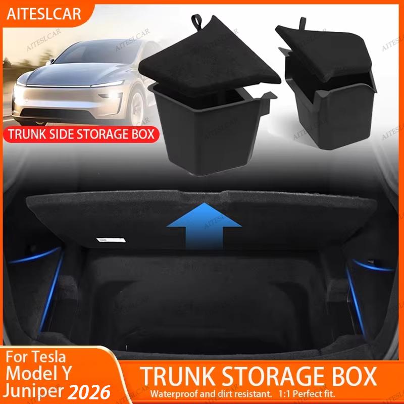 For Tesla Model Y Juniper 2026 Rear Trunk Side Storage Box Cargo Organizer TPE Bin Box Flocking Mat Partition Board Accessories