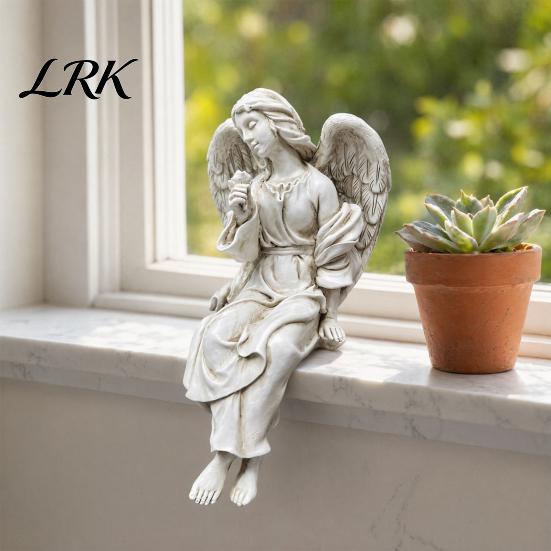 Retro Angel Garden Decoration Winged Statue, Resin Praying Figurine, Elegant Healing Courtyard Ornament Sitting Sculpture for Outdoor Indoor