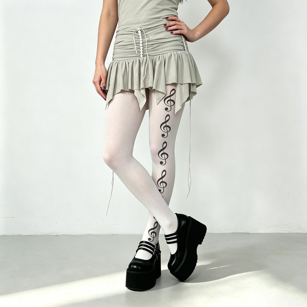 Y2k Girl Music Note Leggings With Stretchy Nylon Fabric For Street Style And Teen Fashion