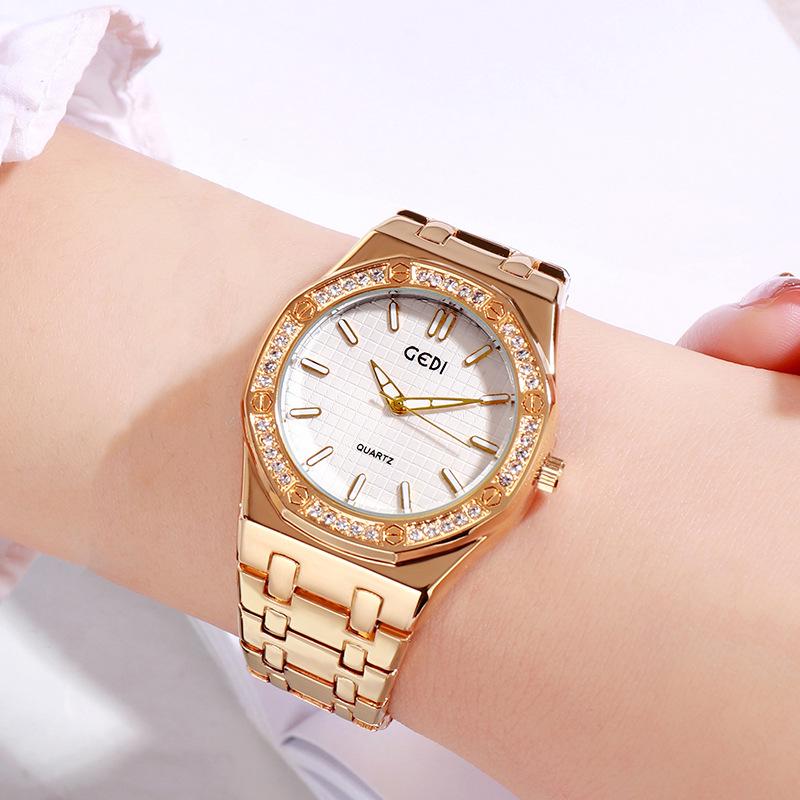 

Женские минималистичные водонепроницаемые часы GEDI цвета розового золота с бриллиантами, модный стальной браслет 1203 с метками в виде штрихов
