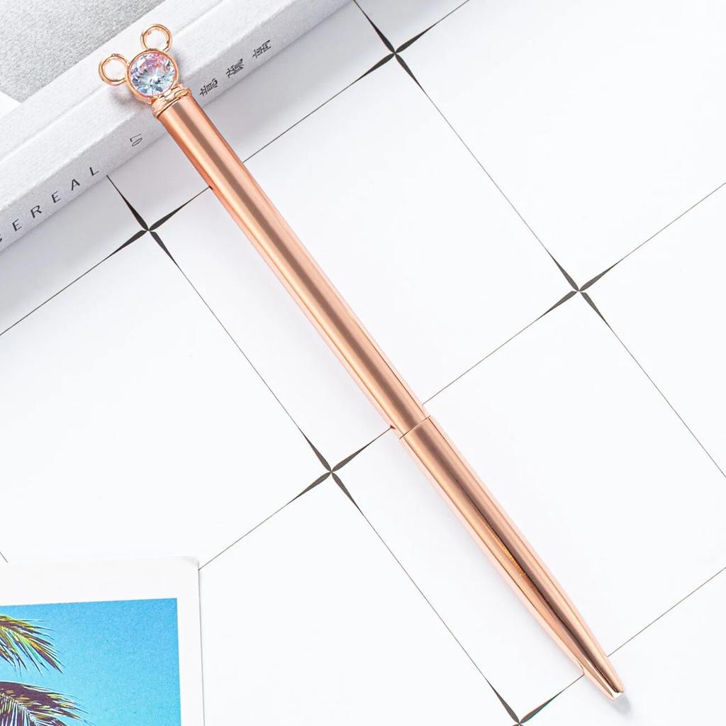 1 Piece Diamond Mouse School Pen Bullet Point Metal Ballpoint Pen Black Writing Pen For Student Rose Gold Stationery