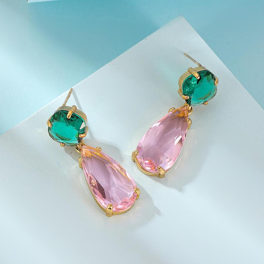 High-Transparency Gemstone Earrings: Pink & Green Crystal Luxury Women's Long Fashion Jewelry