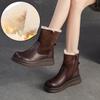 Johnature Retro Wool Warm Short Boots Genuine Leather Round Toe Side Zipper Thick Bottom Women's Shoes