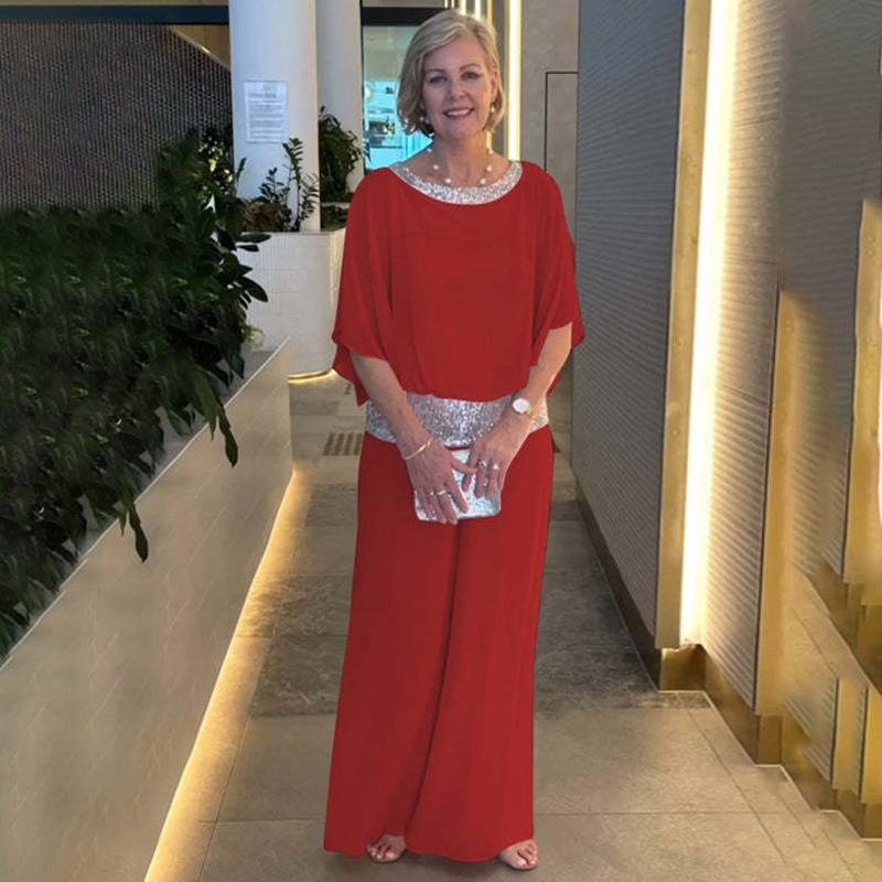 

Круглый вырез, блестки, цветные блоки, рубашка «летучая мышь», широкие брюки, комплект из 2 предметов для женщин, повседневная рубашка, свободные брюки, элегантный деловой костюм, весна/лето, мода 3XL красный