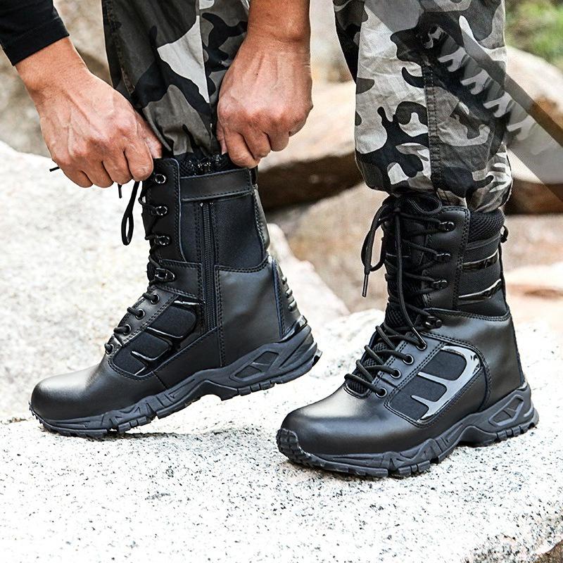 Fashion Leather Mens Waterproof Tactical Boots Black Wearable Black Leather Boots