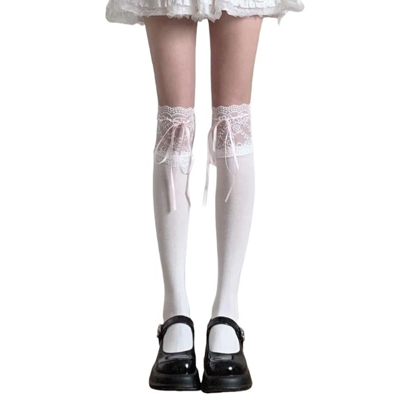 Women Ballets Style Bows Over Knee Socks Stockings Lace Frilly Thigh Highs Socks Student Girls Lace Top Long Stockings