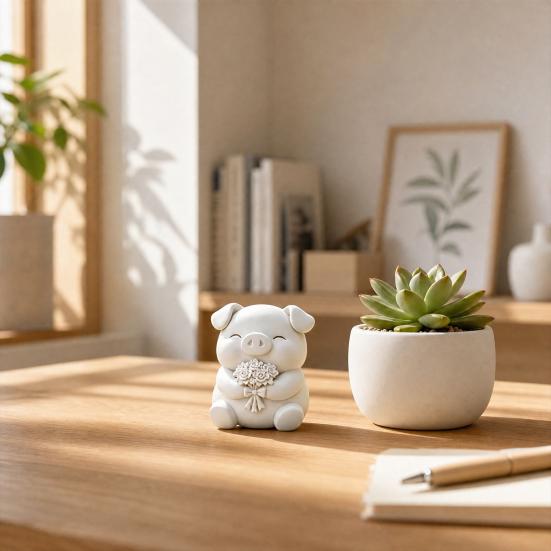 3D Printed Cute Pig Bouquet Figurine, Matte White Animal Sculpture, Smooth Decor Ornament with Rose & Bow, Stable Statue for Desktop Car Entrance
