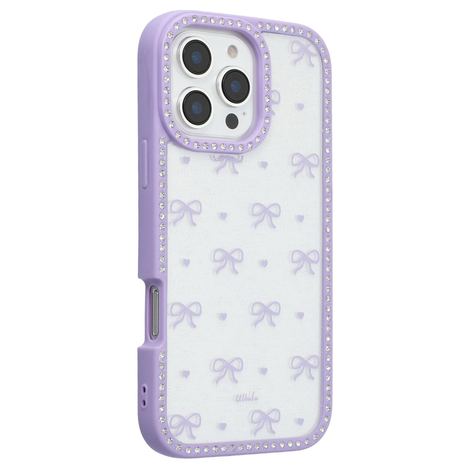 

For iPhone 16 Pro Max Case Epoxy Design TPU+PC Phone Cover with Bowknot Pattern,Rhinestone Decor Purple