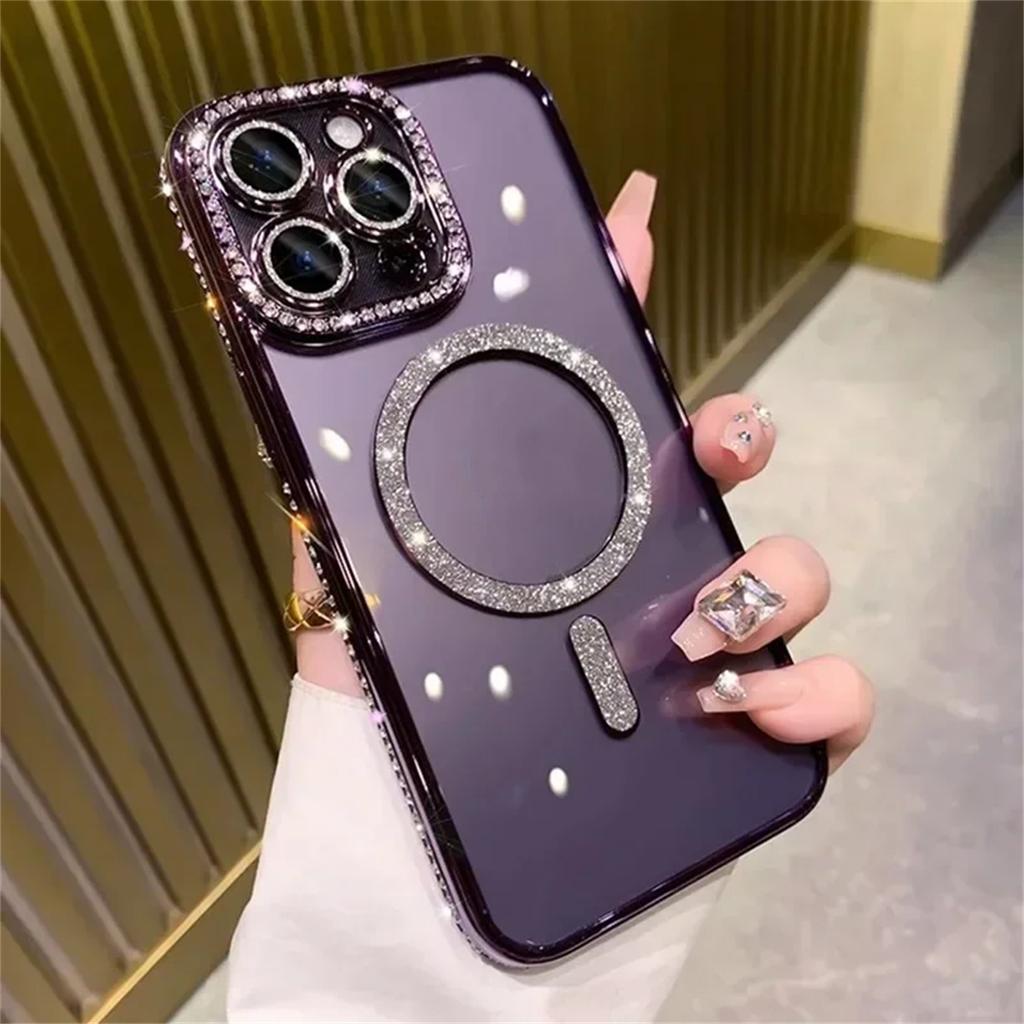 Bling Glitter Rhinestone Magnetic Wireless Charge Case for iPhone 16 15 14 13 12 11 Pro Max Plus Shockproof Jewelled Cover