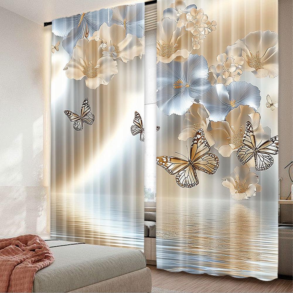 2Pcs Floral Curtain Nature Theme Wild Flowers Monarch Flying Butterflies Lily On Lake Therapy Spa Suitable For Living Room And