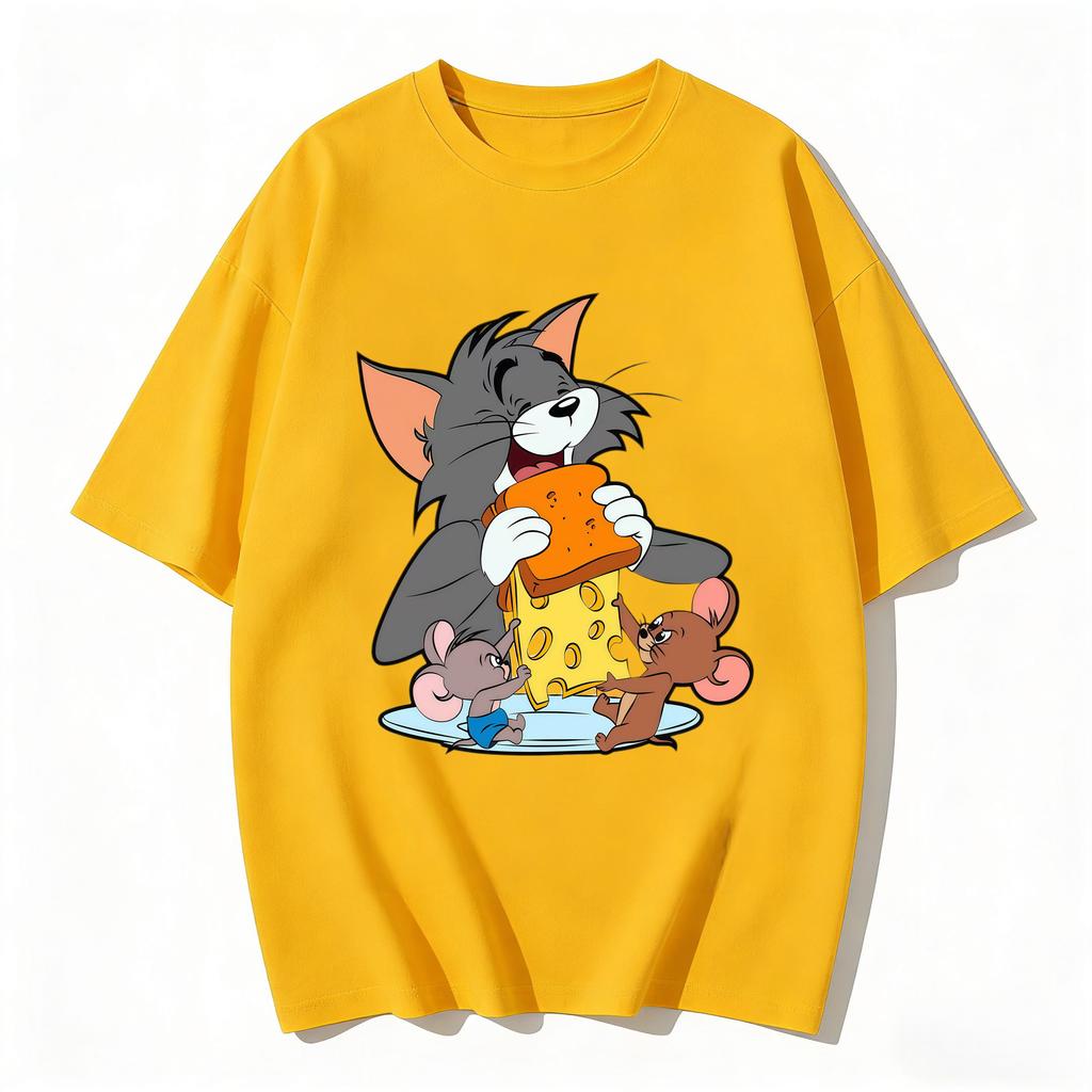 2026 New Tom Jerry Print Tshirt Casual Loose Couple Family Matching Outfits Short Sleeve Cotton Tee Summer Streetwear Tops Y2k