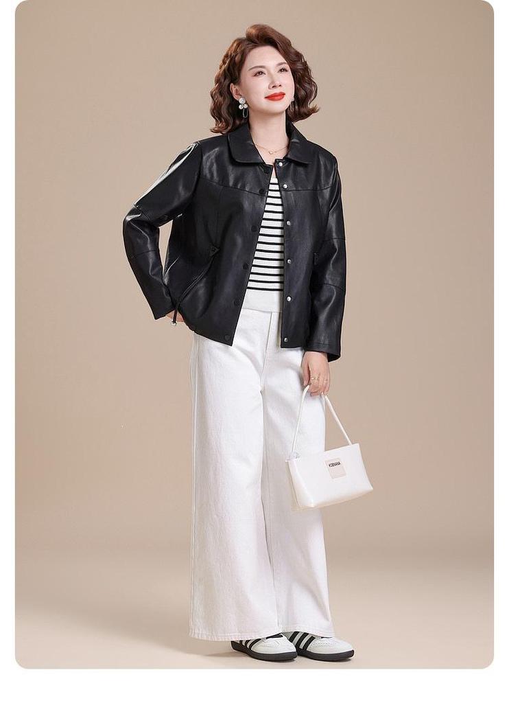 2026 Stylish Plus Size Leather Jacket for Middle-Aged & Elderly Women - Spring/Fall Casual Wear