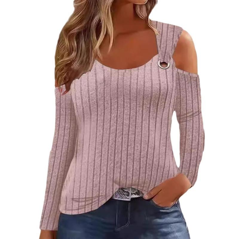 Tops Women’s New Casual V-neck Metal Buckle Pit Strip Long-sleeved T-shirt