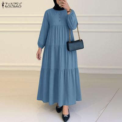 Damen Freizeit Rundhals Einfarbig Langarm Langes Kleid