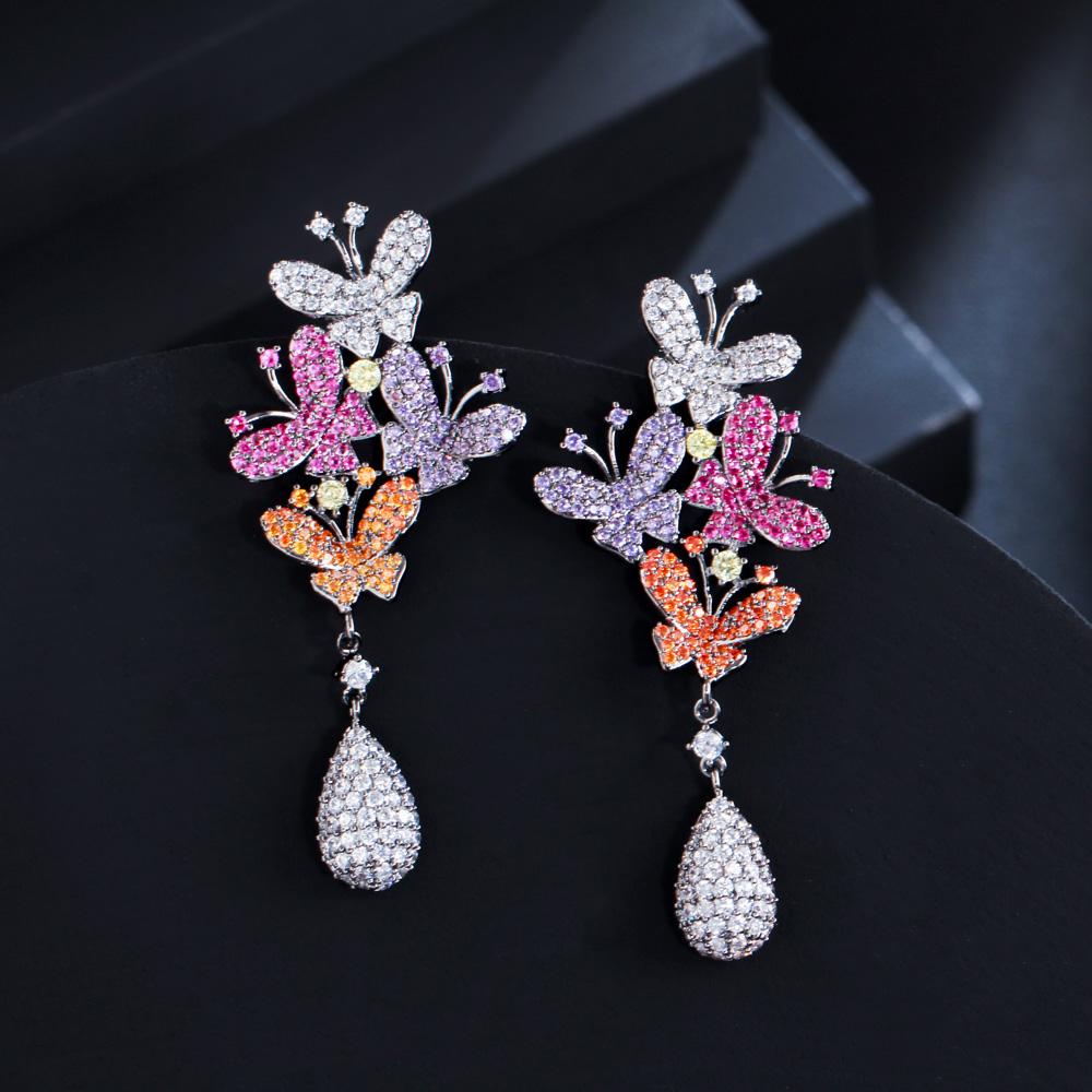 WWJ Colorful Cubic Zirconia Long Butterfly Drop Earrings