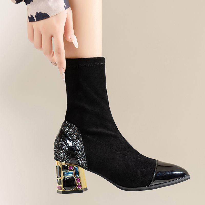 Boots Women's medium tube thin boots 2025 autumn and winter new thin pointed elastic boots thick heel short boots medium boots children