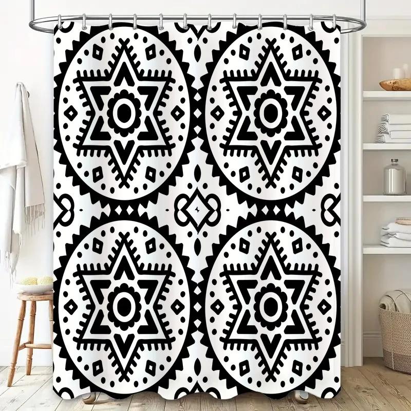 Black White Geometric Shower Curtain Set for Bathroom Decor Unique 3D Waterproof Fabric Bath Cover Panels with Metal Hooks