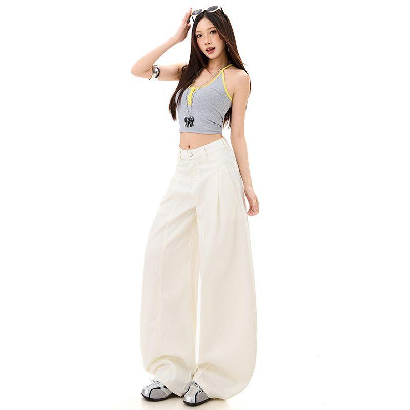 Spring Summer Three Proof Fabric Vintage Raised Side Seam Relaxed Slim Floor Saber Cut Wide Leg Denim Pants For Ladies Casual Oversize Denim Trousers