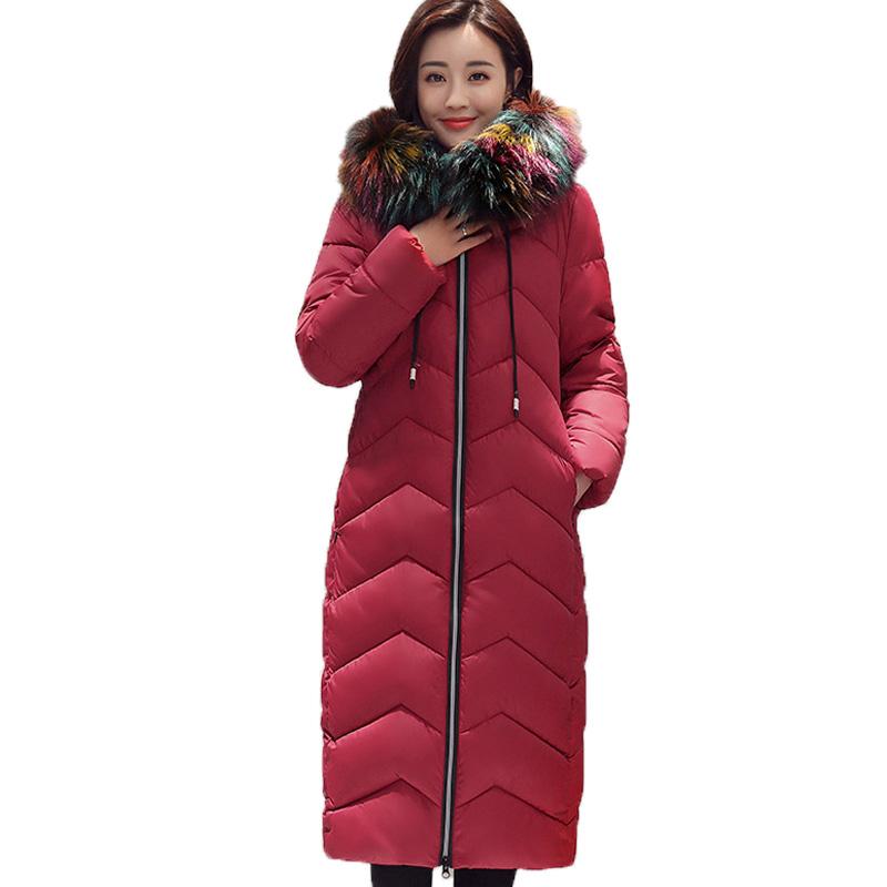 Woman Winter Down Cotton Parka Jacket Coat Outwear Long Hooded Fur Collar Zipper Pocket Loose Diamond Pattern Warm Solid Color