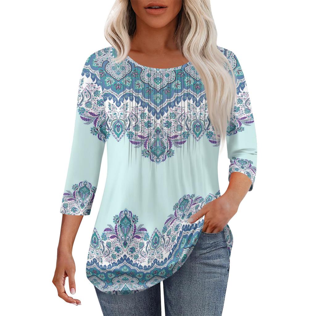 Women's Fashionable Casual Pleated Round Neck Casual Floral Print Seven Quarter Sleeved T-shirt Top