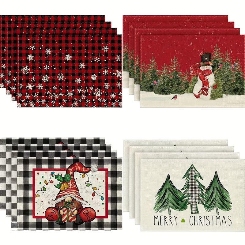 Christmas Festival Linen Placemat: Classic Plaid Snowflake Design, Heat-Resistant Christmas Tree Table Mat