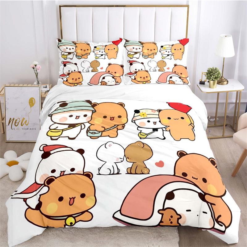 Bear and Bunny on Crescent Moon Print Bedding Set, Night Sky Starry Bed Linen(1 * duvet cover + 2 * pillowcase, without core)