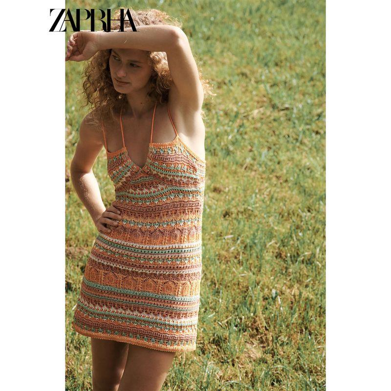 Zaprha 2025 Summer New Simple Sexy Neck Collar Backless Knitted Mini Short Dress 3991100